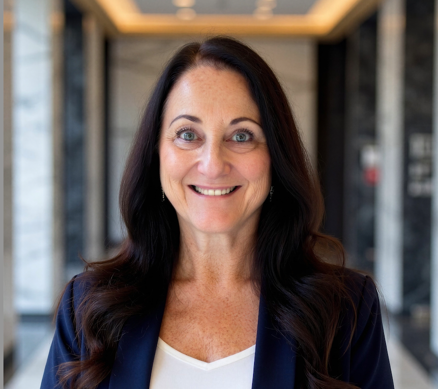 A forward-facing headshot of a smiling white woman with dark hair, wearing a black blazer and white shirt.